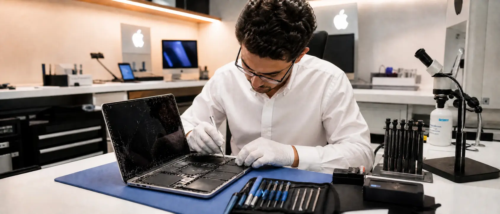 MacBook repair technician working on a laptop for a Caulfield North customer